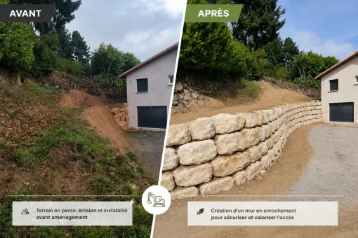 Réalisation d'un enrochement paysager de soutènement à Belleville en Beaujolais, Saint-Georges-de-Reneins, MUTIN TP