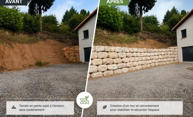 Réalisation d'un enrochement paysager de soutènement à Belleville en Beaujolais, Saint-Georges-de-Reneins, MUTIN TP